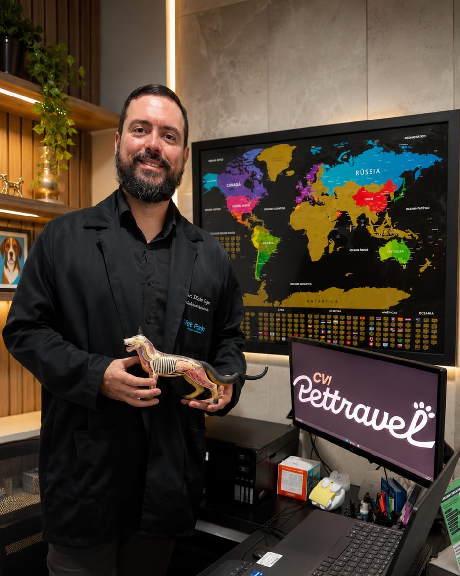 Dr. Diniz Viegas na Vet Pituka, segurando um modelo anatômico canino